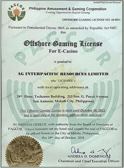 Giấy phép PAGCOR RR99